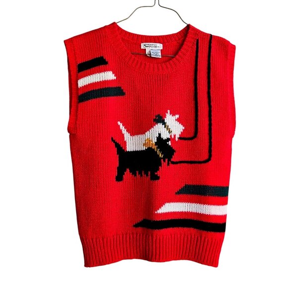 Campus Casuals Sweaters - Vintage Scottie Knit Vest 1980s Red Black White Novelty Sweater Campus Casuals